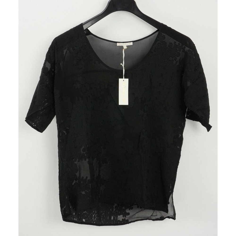 New 330$ Gold Hawk Women's XS Black Silk Crepe 3/4 Sleeve Floral Crochet Blouse